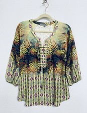 Figueroa Flower Womens Medium Boho Peasant Top Tie Neck Sheer 3/4 Sleeve