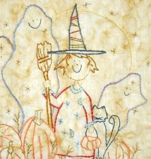 Halloween Witch Hand Embroidery Pattern Ghosts Pumpkins Black Cat Full Moon 