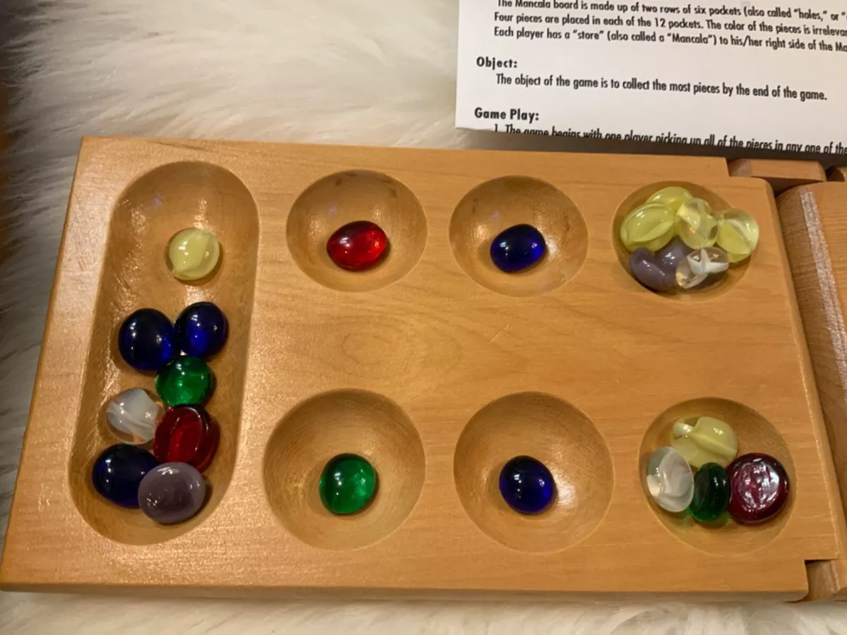 Solid Wood Mancala Game instructions beautiful colored glass