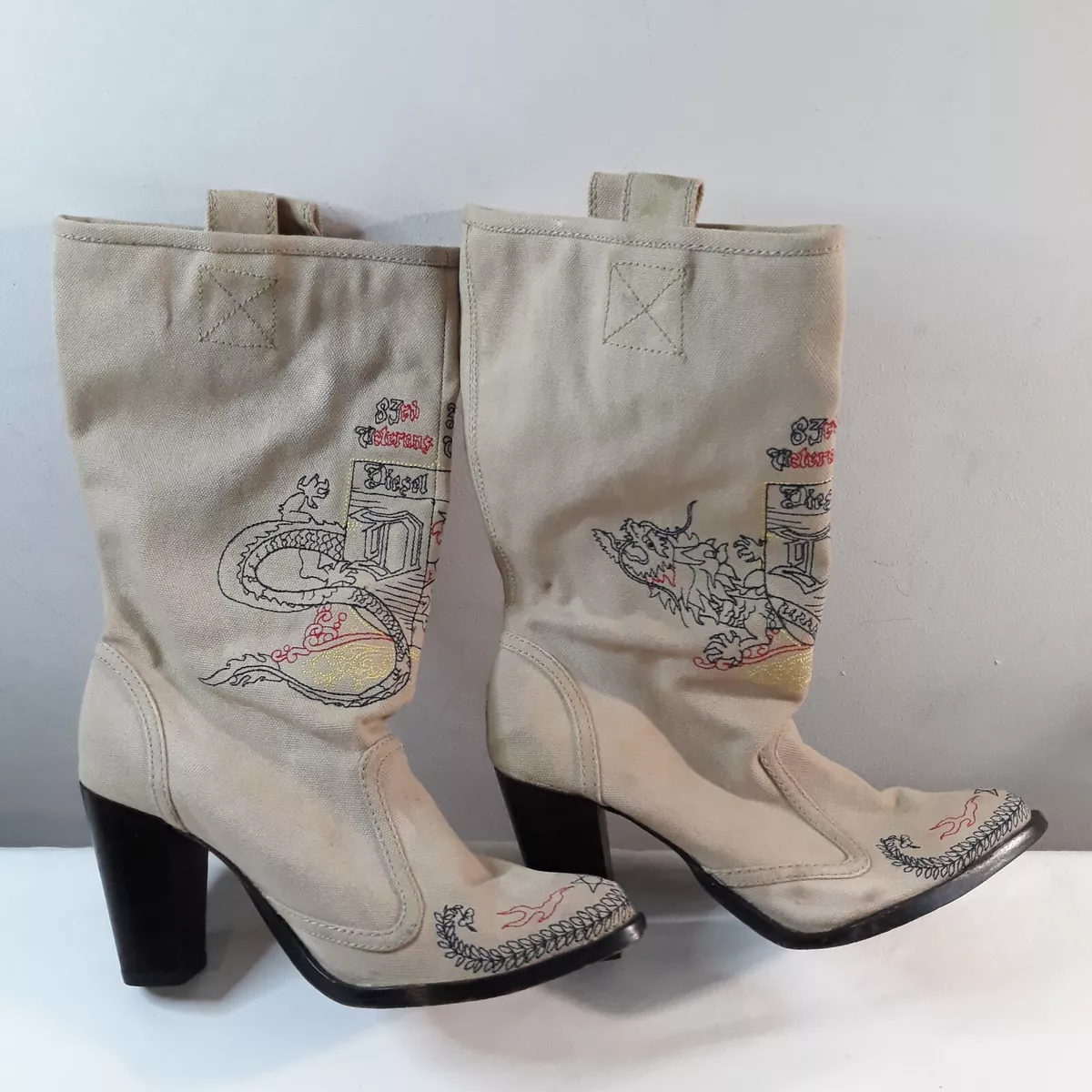 Versace Women's Logo Jacquard High Heeled Boots in Beige | LN-CC®