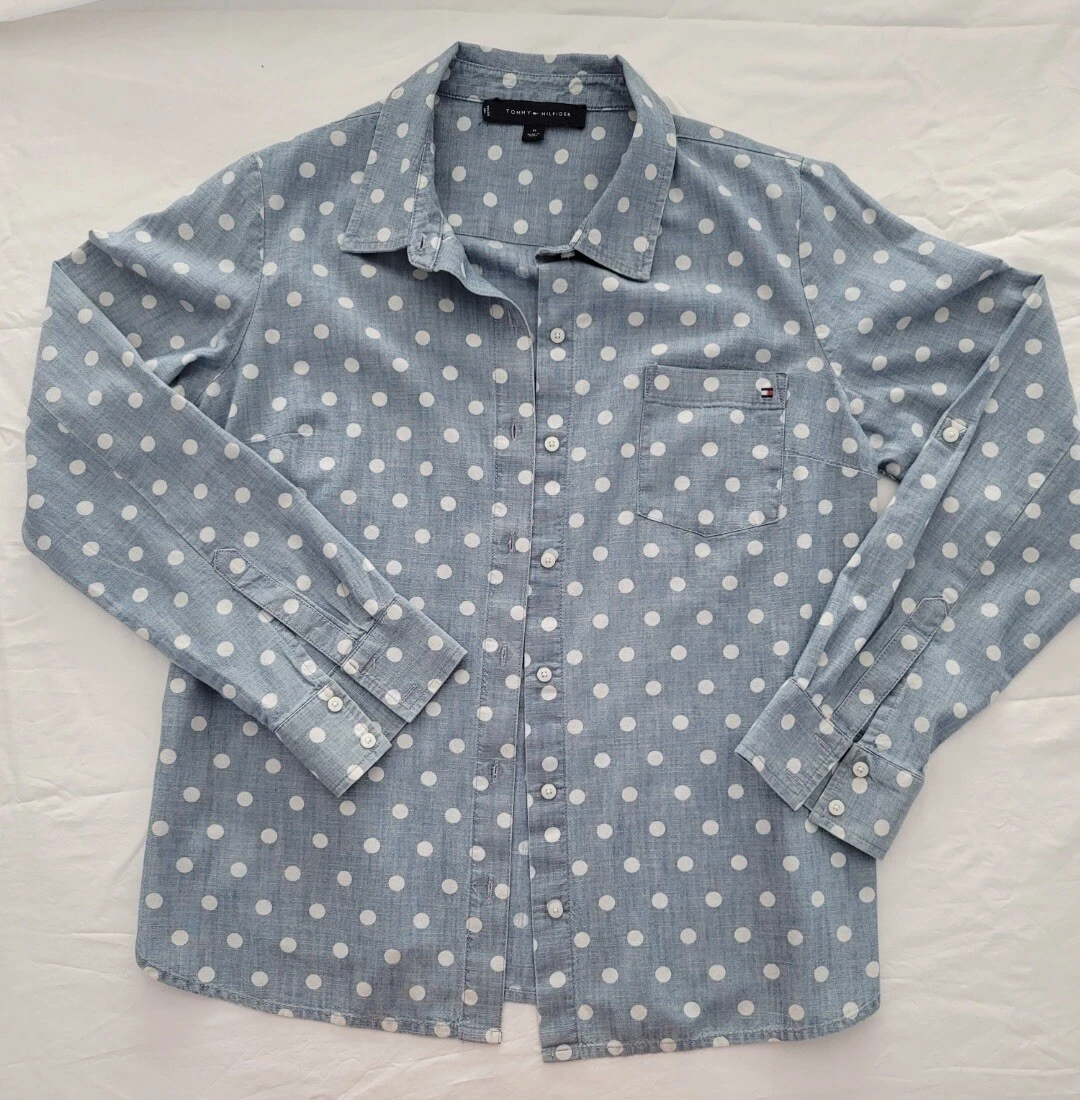 Tommy Hilfiger Light denim blue polka dot long sleeve blouse shirt M