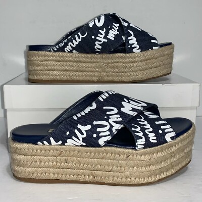 Miu Miu Denim Blue Logo Espadrille Platform Sandal Sz 5.5