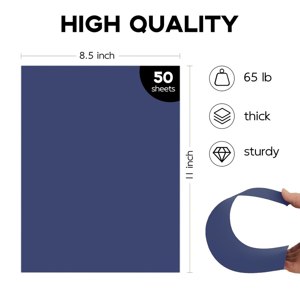 50 Pack 65lb Blue Cardstock 8.5 x 11 Pastel Paper, Navy Blue Card Stock
