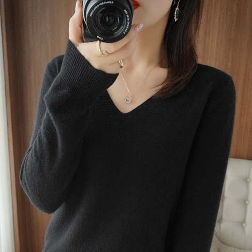 Autumn Winter Warm Cashmere Sweater Woman V-Neck Pullover Casual Knitted Tops - Bild 9 von 19
