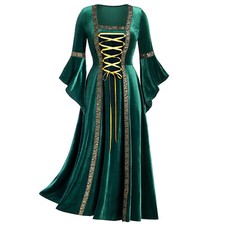 Women Medieval Renaissance Costumes Flare Sleeve Crisscross Lace-up Velvet Dress