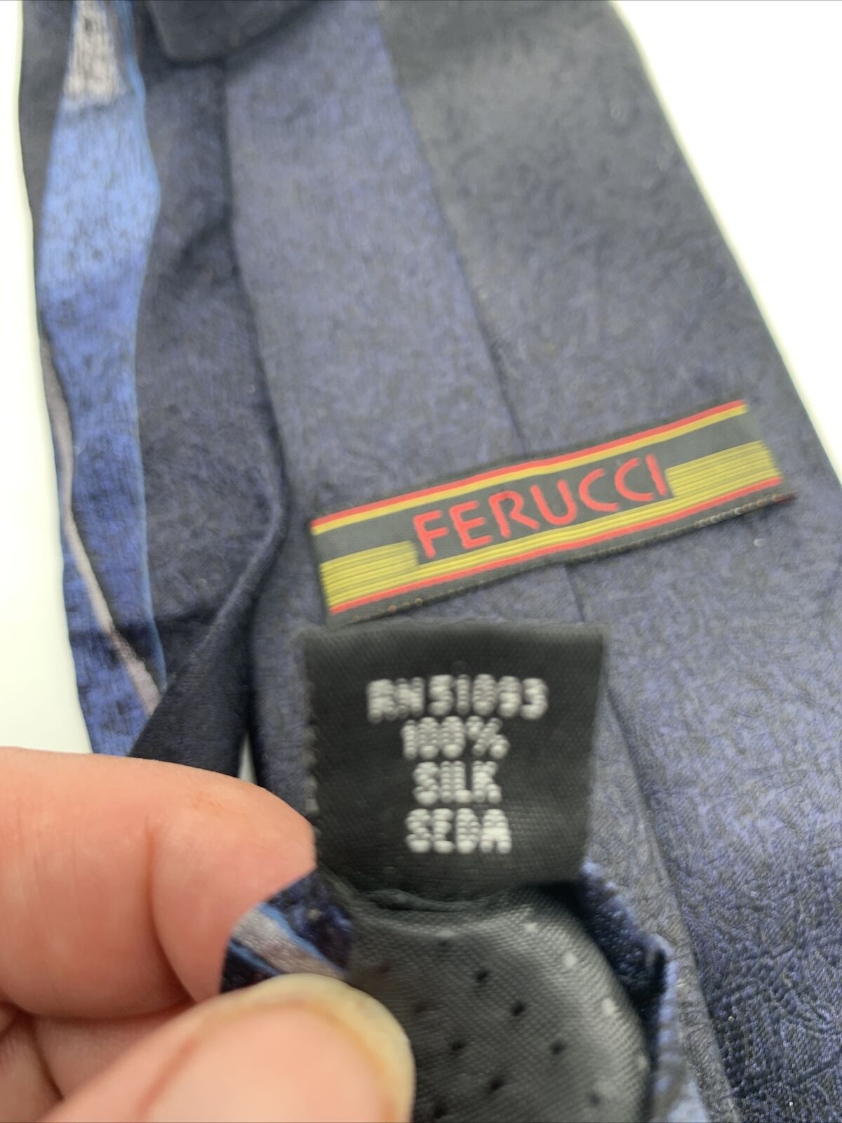 Vintage Ferucci Tie 100% Silk  Black Navy Blue Si… - image 6