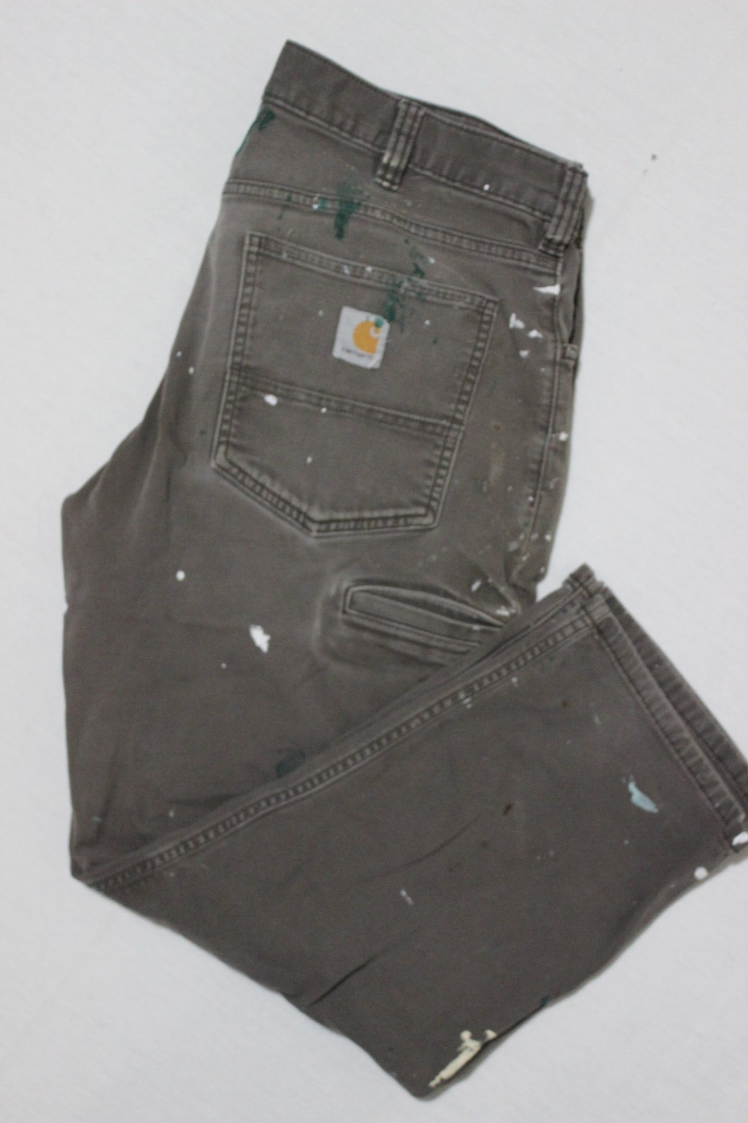Men's Carhartt Rugged Flex Relaxed Fit Distressed Paint Work Pants 36x25 Brown Canvas