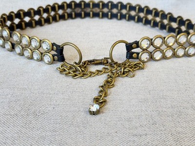 Vintage 90s Black Black Brass Rhinestone Chain Belt 30+ 15''