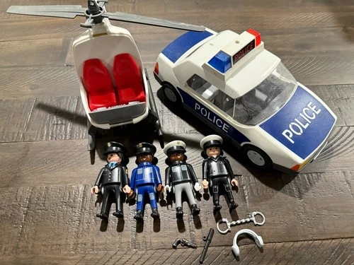 Vintage Playmobil 3904 Flashing Lights Police Car 1997 Helicopter