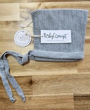 Handmade Baby Bonnet 6 Months Gray Knit Hat Vintage Style w/ Button Strap