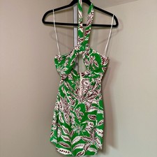 Women's Zara Green Linen/Cotton Cut-Out Tropical Print Romper Size Medium