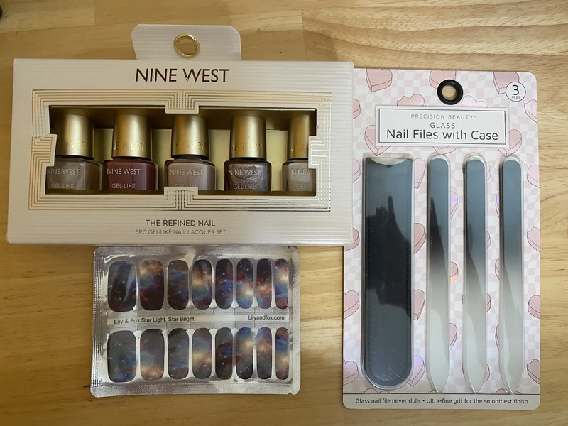 Nine West Gel Like Nail Polish Set, Glass Nail Files, Space Themed Nail Wraps