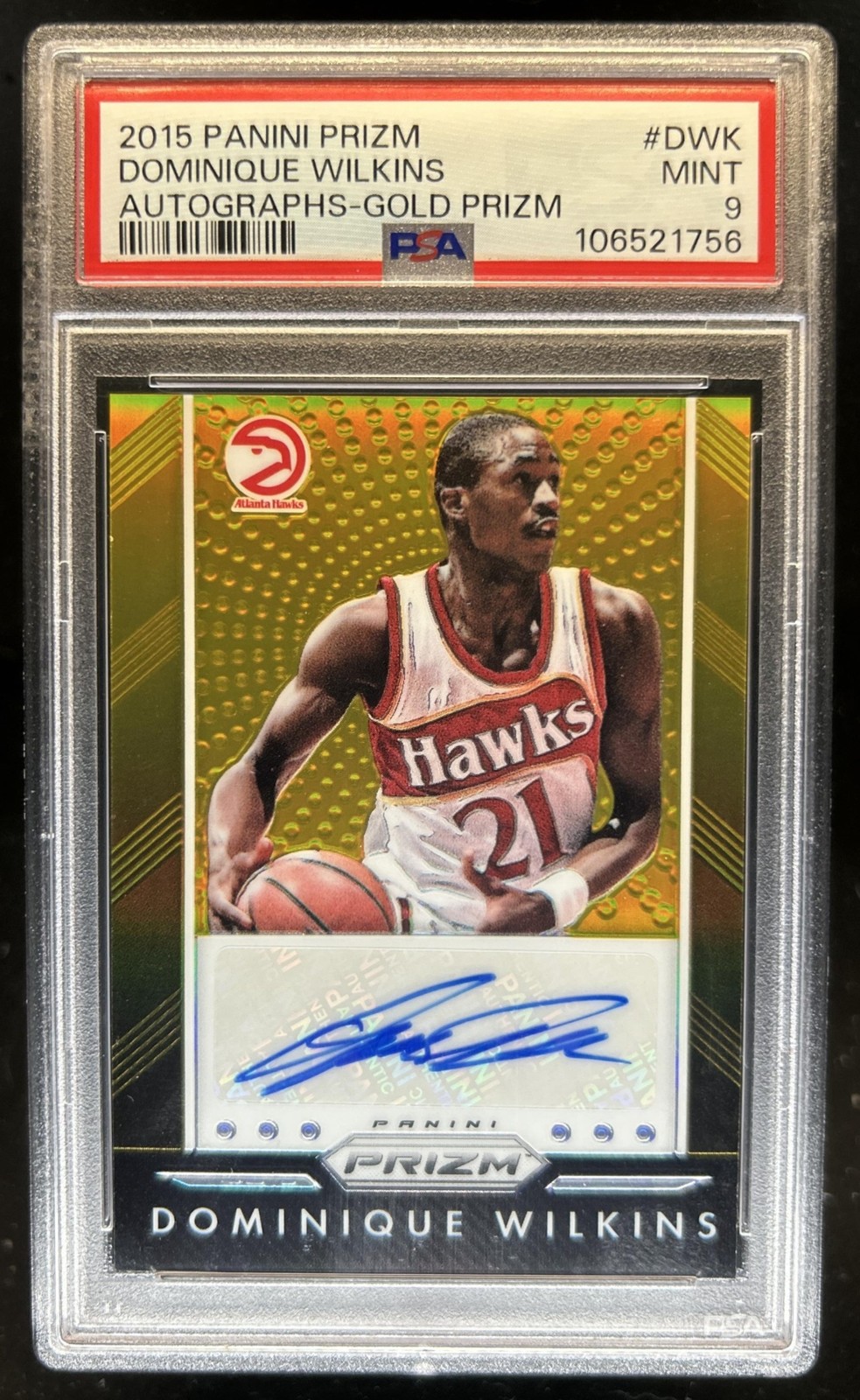 2015-16 Panini Prizm Dominique Wilkins Auto Gold Prizm #/10 Hawks PSA 9