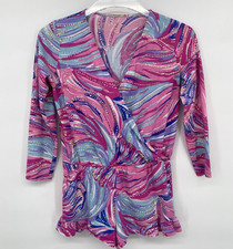 Lilly Pulitzer Karlie Wrap Romper Girls XL 12/14 Pink Blue Abstract Ruffle Hem
