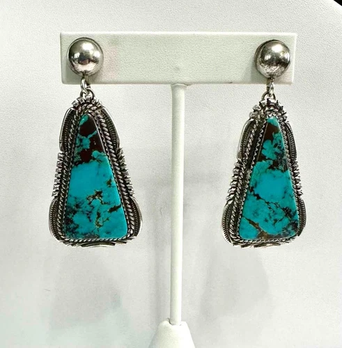 Marked Begay Native American Dangle Sterling Silver & Turquoise Post Earrings
