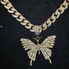 BEAUTIFUL ALL RHINESTONE CUBIN LINK NECKLACE WITH RHINESTONE BUTTERFLY PENDENT