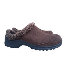 Lands End Women s 7 Suede Clog Slippers Brown Shearling Lined