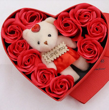 Romantic gift for her. Red Artificial Flower with teddy & 1pc Heart-Shaped box