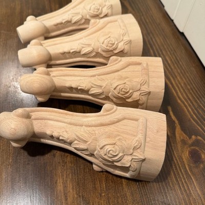 WEICHUAN 8 Inch Solid Unfinished Wood Carved Floral Furniture Legs - Set of 4