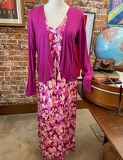 Carole Hochman Brushed Floral Lounge Maxi Dress Set Magenta Pink XS New Cardigan