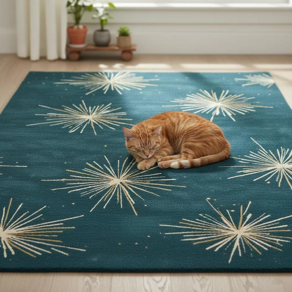 Hand-Tufted Teal Wool Rug – Modern Starburst Living Room Carpet for living room - Image 3 of 4