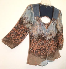 Y2K LILY ROSE S Keyhole Back Ethereal Chiffon Flowing Blouse Keyhole Neutral