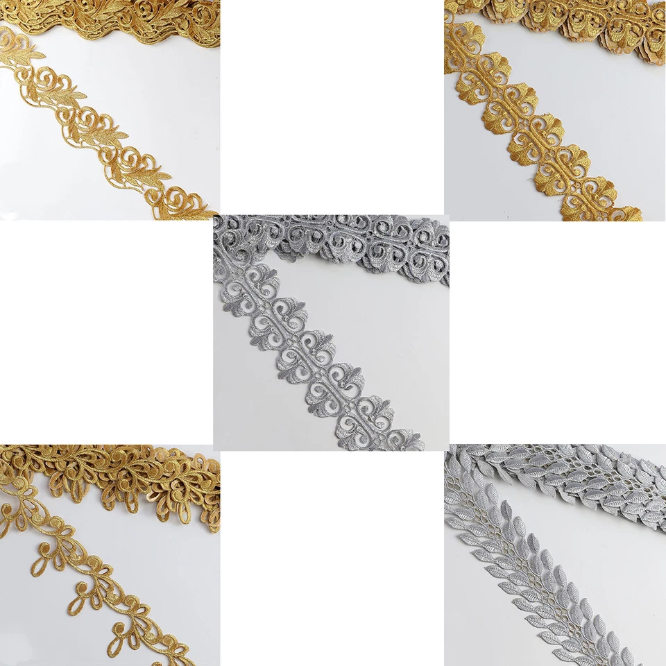 Metallic Gold Silver Ribbon Embroidered Lace Applique DIY Cosplay Costume Decor - Image 4 of 4