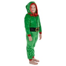 Kids Elf Christmas Pyjama Suit All In One Hooded Green Fleece Nightwear PJs