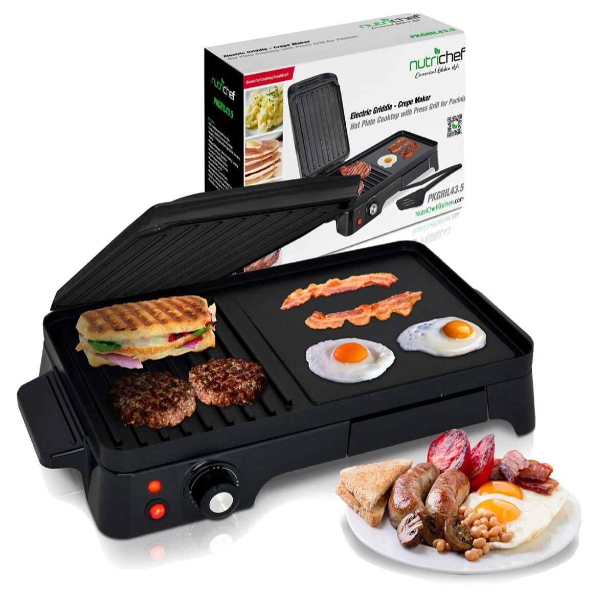NutriChef Electric Griddle Crepe Maker Hot Plate Cooktop w/ Press Grill