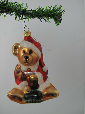 VINTAGE CHRISTOPHER RADKO ORNAMENT TEDDY BEAR IN SANTA HAT W TOYS 5 1/2'' #5077