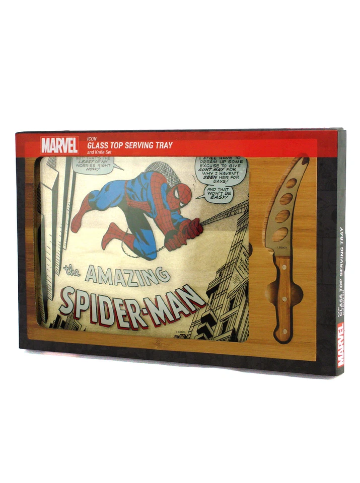 Picnic Time Amazing Spider-Man Glass Top Serving Tray & Knife Set Brand New - Image 3 of 4