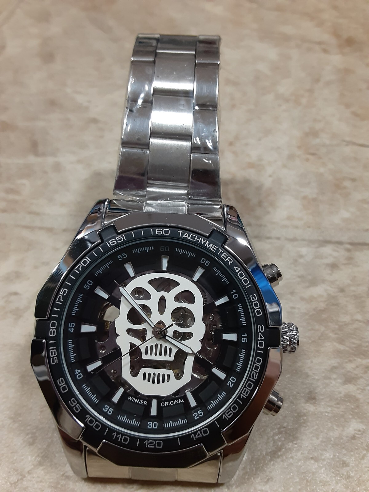 Winner Men Silver Black Skeleton Tachymeter Steel Band SelfWind