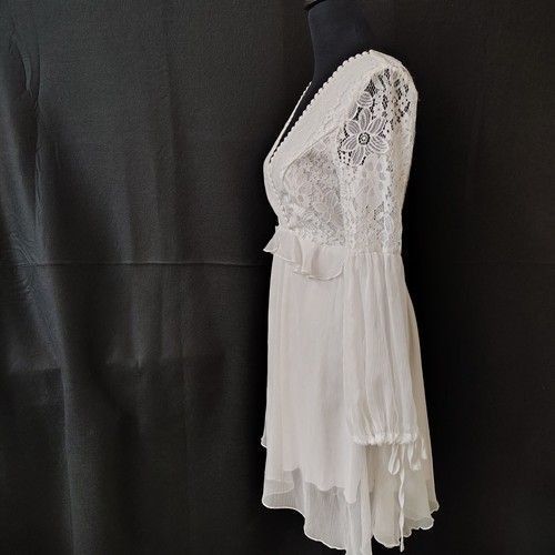 Women’s Elegant Wrap Sheer Sleeve Hollow Back Cream White Dress Beach Wedding S - 第 15/24 張圖片