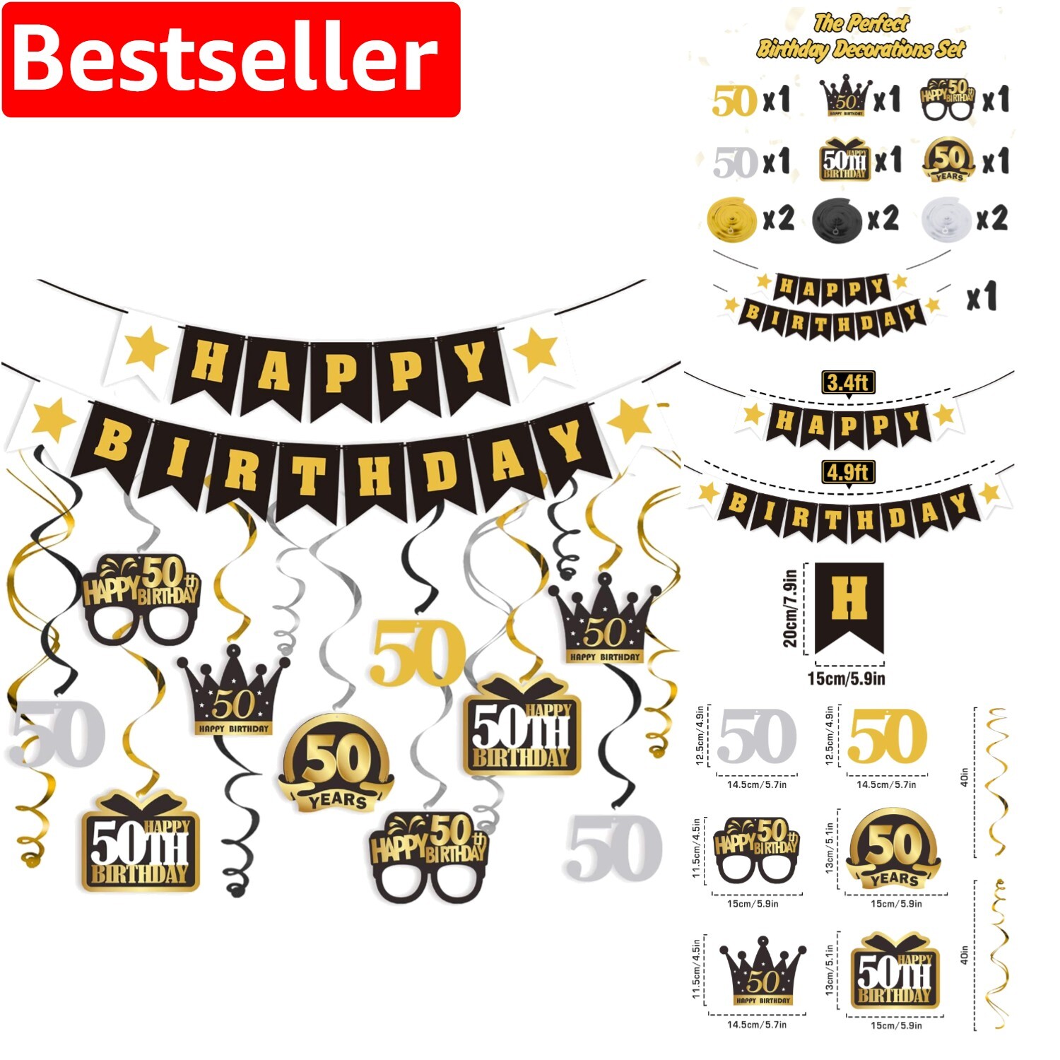 50th Birthday Party Decor Set - 12-Piece Black & Gold Essentials