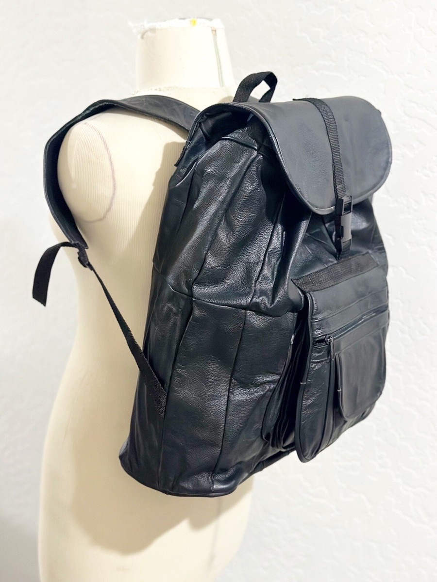 Vintage Many Pockets Large Unisex Black Leather backpack  display picture 2