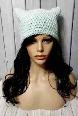 handmade crochet womans hat kitty cat ears beanie pale green blue new