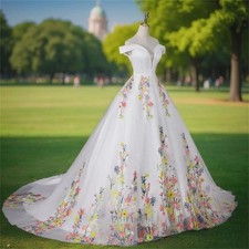 White Tull Colorful Flowers Wedding Dresses A-Line Sweep Train Attractive