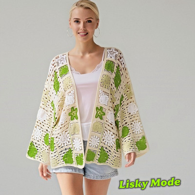 ITALY HÄKELSTRICK JACKE LOCH  IBIZA STYLE BÄNDCHENGARN GRÜN 38 40 42