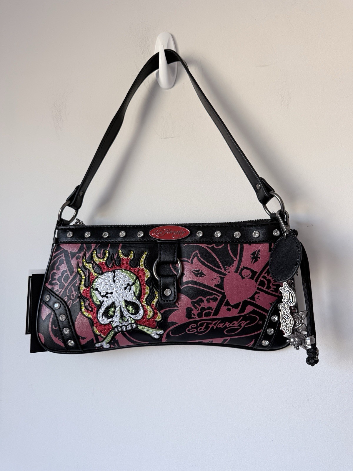 Ed Hardy Y2K Skull Shoulder Bag Black Red Tattoo Baguette Purse With Charms $70
