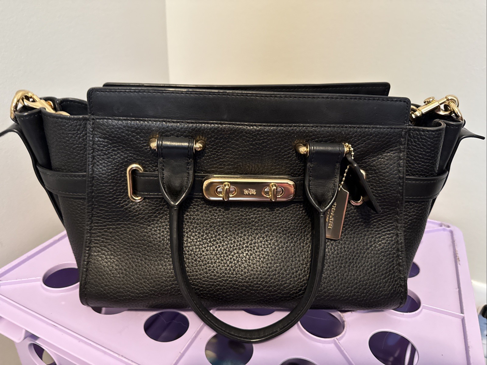 COACH Lane Satchel Shoulder Bag in Black Pebble Leather with Gold Hardware