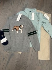 NWT Janie and Jack boy SPRING 4-piece dog green sweater khaki pants socks SET 3