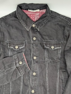 mnml Men's Large Reversible Denim Jacket Trucker Black Pink Paisley Distressed