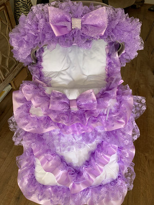 ROMANY PRAM PUSHCHAIR LILAC FRILLY COSYTOES FOOTMUFF + HOOD TRIM PERSONALISATION