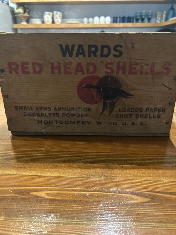Vintage Wood MONTGOMERY WARDS RED HEAD  12 Gauge SHOTGUN SHOT 500 SHELL AMMO Box