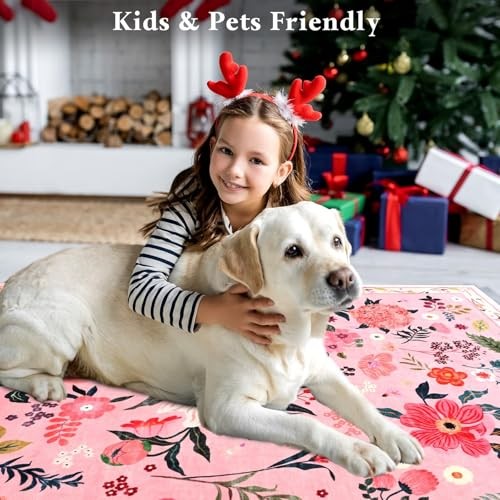 5x7 Pink Floral Rug for Living Room, Machine Washable Area Rugs with Non Slip - Picture 4 of 6