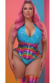 Rainbow Glitter Holographic Steel Boned Under Bust Waist Cincher Rave Festival