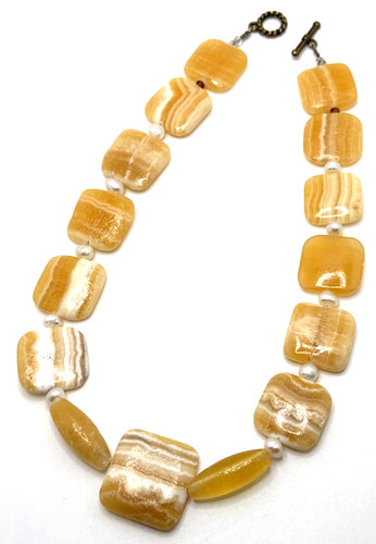 Boho Orange Banded Calcite Necklace Genuine Pearl Accents 20" Stone Statement