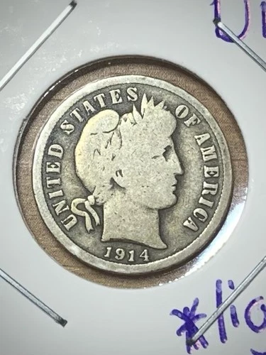 1914-D Barber Dime 90% Silver Very Good Wreath Details *Light Toning Sleeved