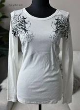 New VOCAL Womens CRYSTAL STUD IVORY WHITE FLEUR DE LIS WINGS SHIRT S M L XL Y2K