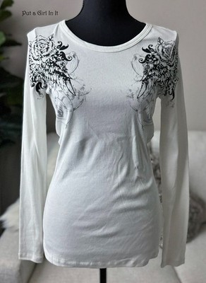 New VOCAL Womens CRYSTAL STUD IVORY WHITE FLEUR DE LIS WINGS SHIRT S M L XL Y2K